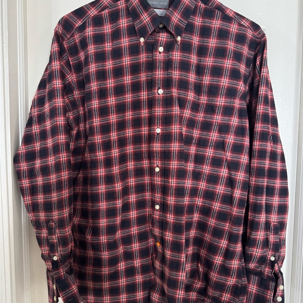 Thomas Dean Flannel Black and Red Plaid Button Down Shirt